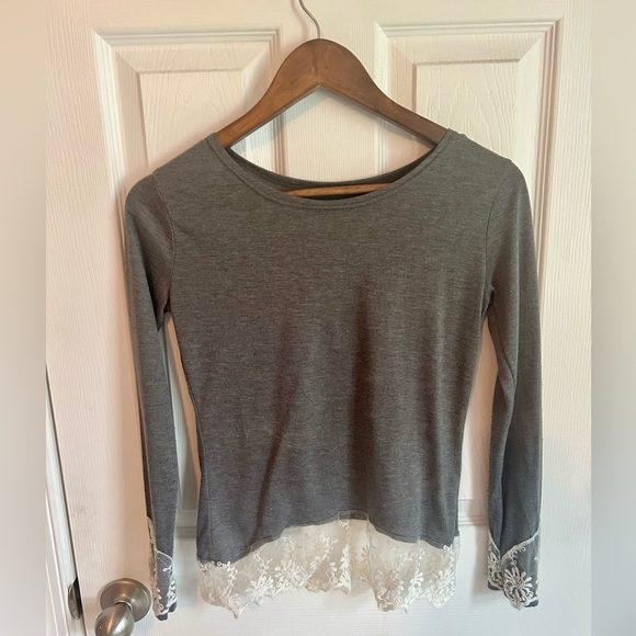 Tops - Gray Lace Hem Women's Top